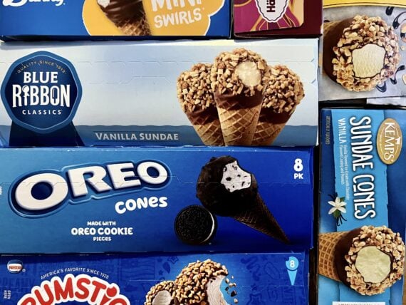 boxes of frozen ice cream drumsticks stacked up