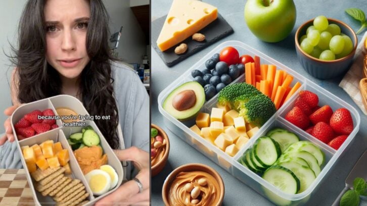 Screenshot of TikTok showing a woman with healthy snacks of cheese, vegetables and fruit