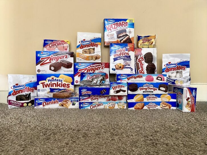 23 kinds of Hostess treats stacked up next to each other
