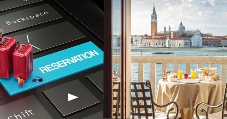 A beautiful hotel terrace with breakfast items on a nice table next to an image of a hotel reservations keyboard button.