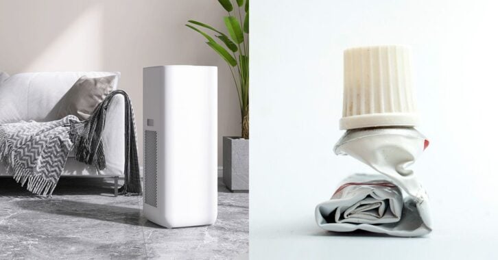 A humidifier placed next to an empty toothpaste tube.