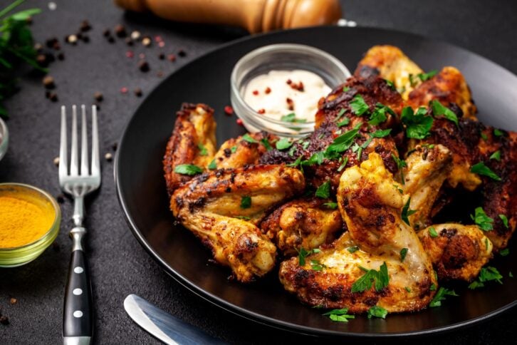 Baked chicken wings in Mexican with curry seasoning and parsley on a black plate, on a black background. side view, copy space, top view