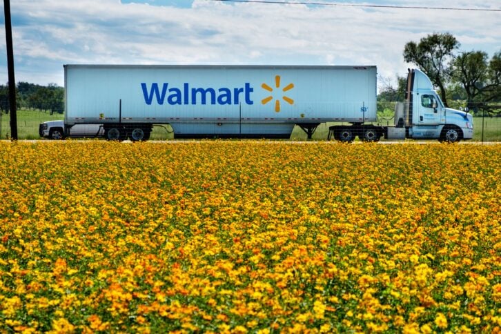 18-wheeler hauling Walmart merchandise down the highway near Fredericksburg, Texas.
