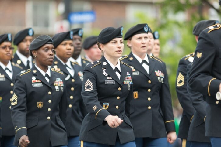 Louisville, Kentucky, USA - May 03, 2018: The Pegasus Parade, United States Army troop, marching down W Broadway during the parade