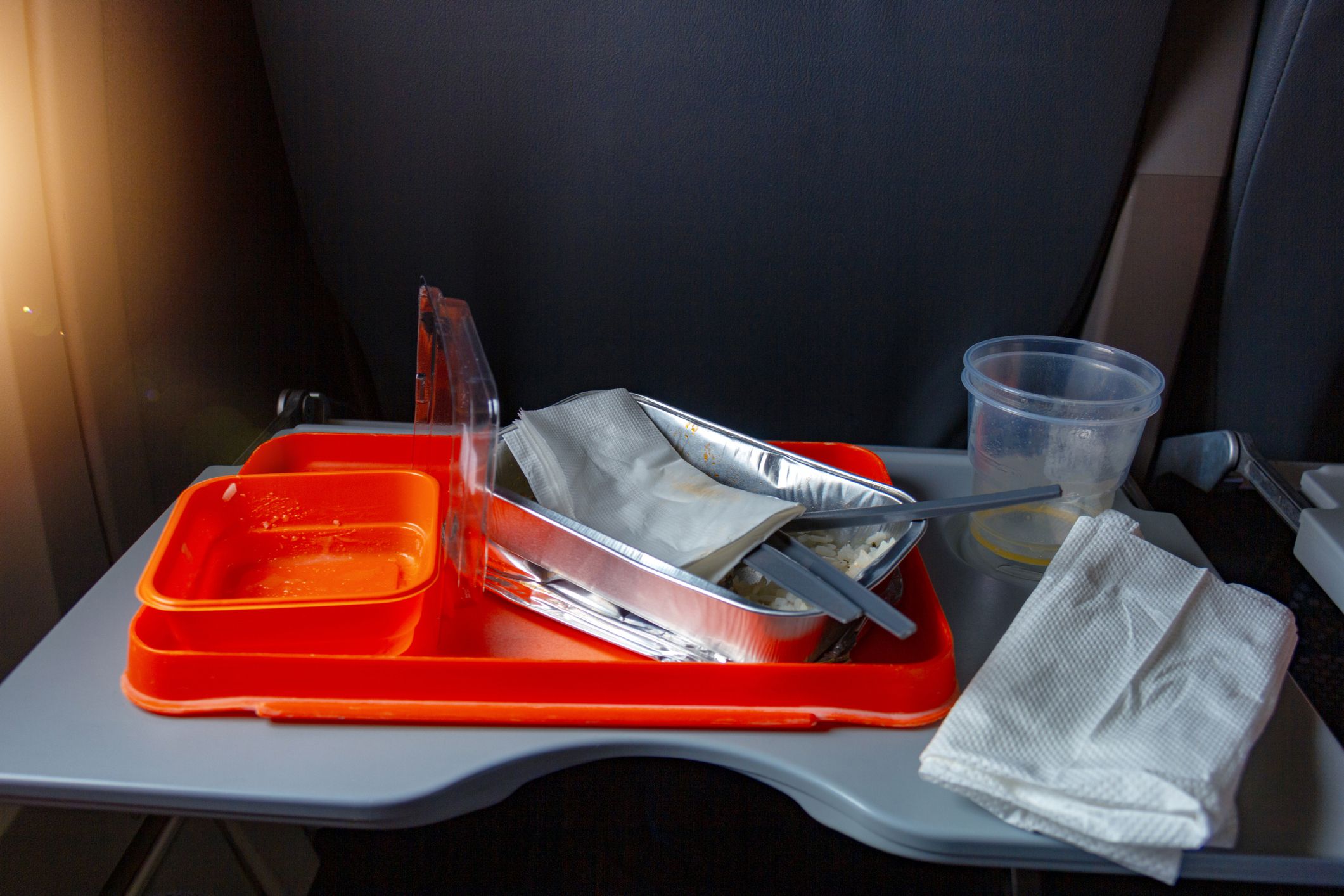 airplane food tray and utensils
