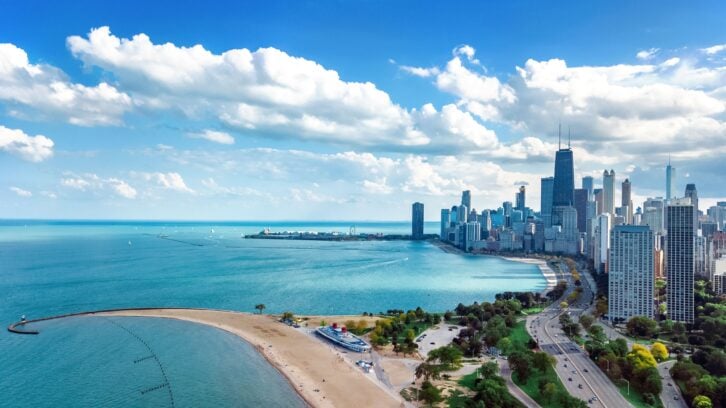 Chicago skyline aerial drone view from above, lake Michigan and city of Chicago downtown skyscrapers cityscape, Illinois, USA