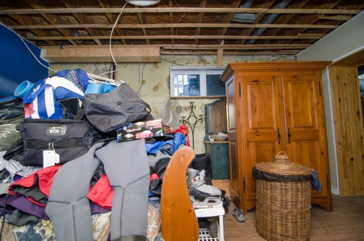 All clothing are on the bed during a huge renovation work being done in basement after disaster