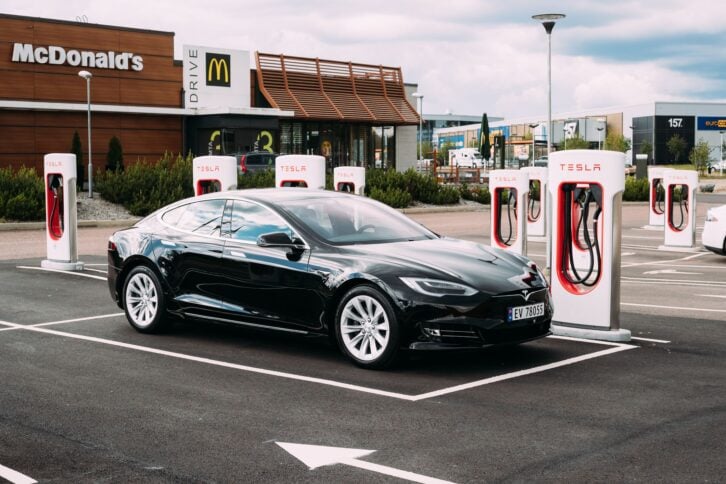 Tocksfors, Sweden- June 26, 2019: Black Color Tesla Model S 100d Car Parked At Charging Station. The Tesla Model S Is A Full-sized All-electric Five-door, Luxury Liftback, Produced By Tesla Inc.