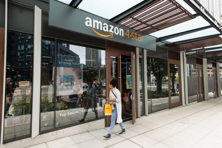Seattle, USA - Aug 22, 2019: People outside the Amazon 4-star store mid day in the day in downtown.