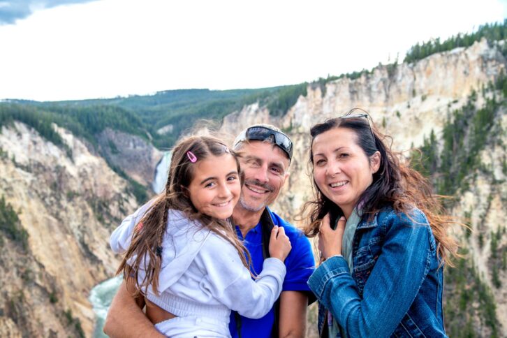 Natural Parks. Cool vacation. Happy family on vacation in Usa. Canyon Village. Yellowstone National Park. Wyoming.