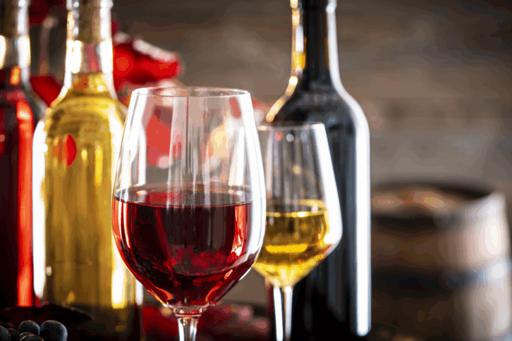 Glasses of wine and wine bottle in the background