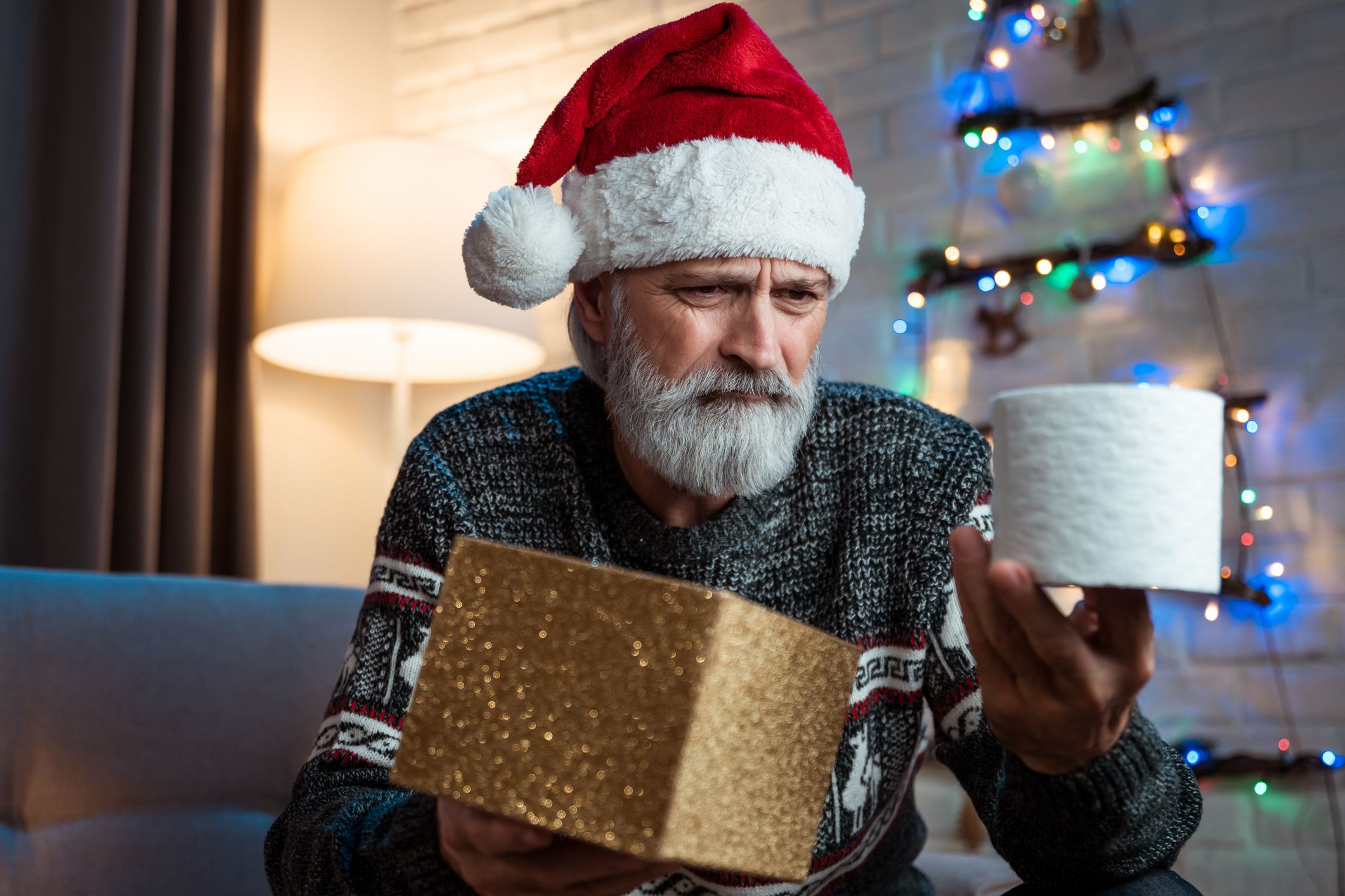 Sad senior man wearing Santa's hat getting toilet paper as gift. Coronavirus quarantine concept.