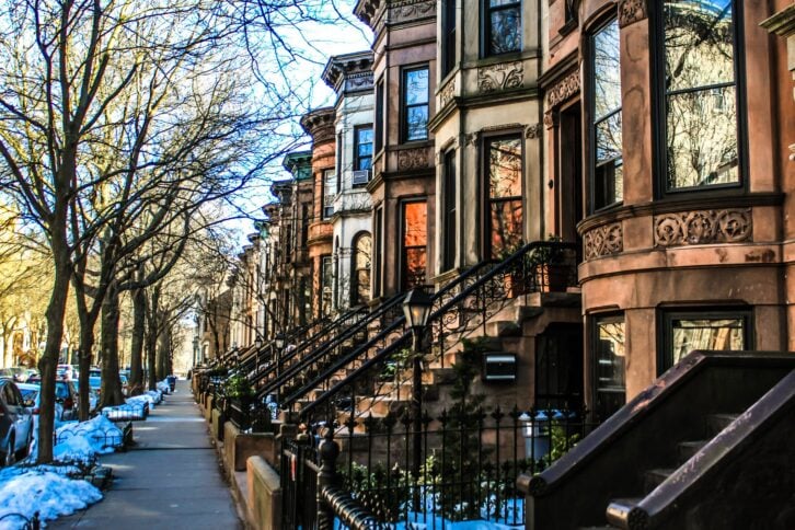 Row of brownstone in Park Slope on a winter afternoon.