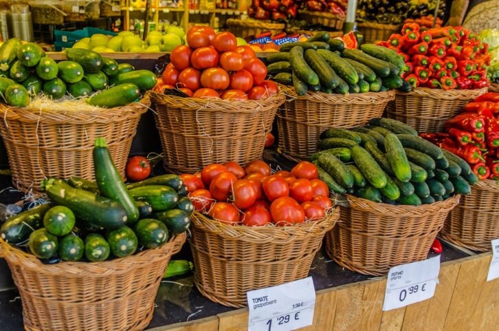 Fresh organic produce were being sold in a grocery store in Barcelona, Spain