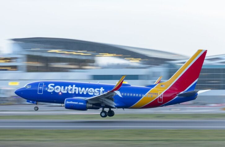 Portland, Oregon, USA - January 17, 2021: A Southwest Airlines 737 comes in for a landing at Portland International Airport.