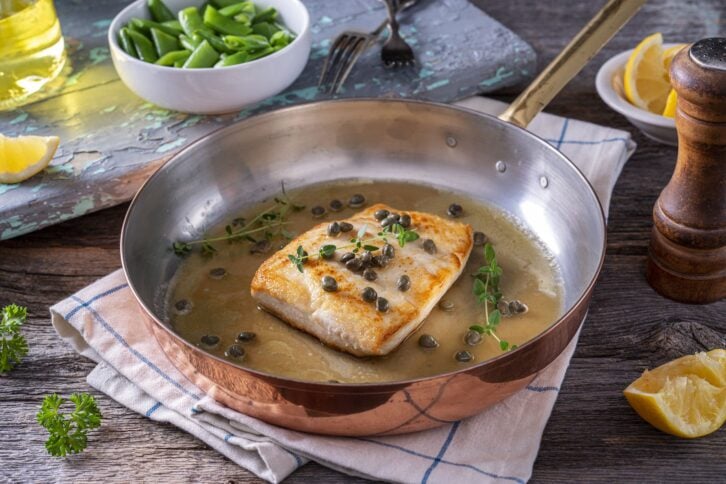 Delicious pan seared halibut with lemon brown butter and capers.
