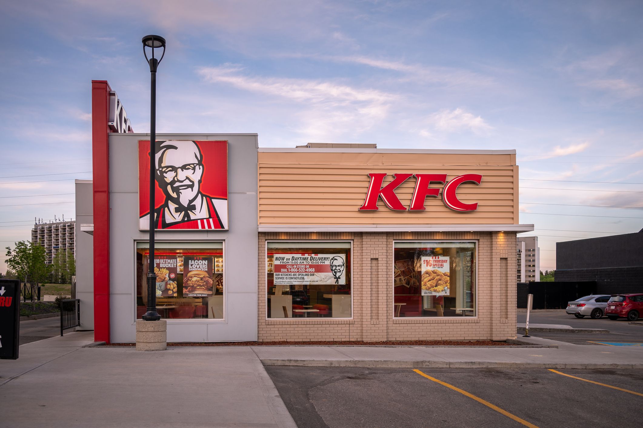 Calgary, Alberta - May 30, 2021: Exterior facade of a KFC restaurant in Calgary, Alberta.