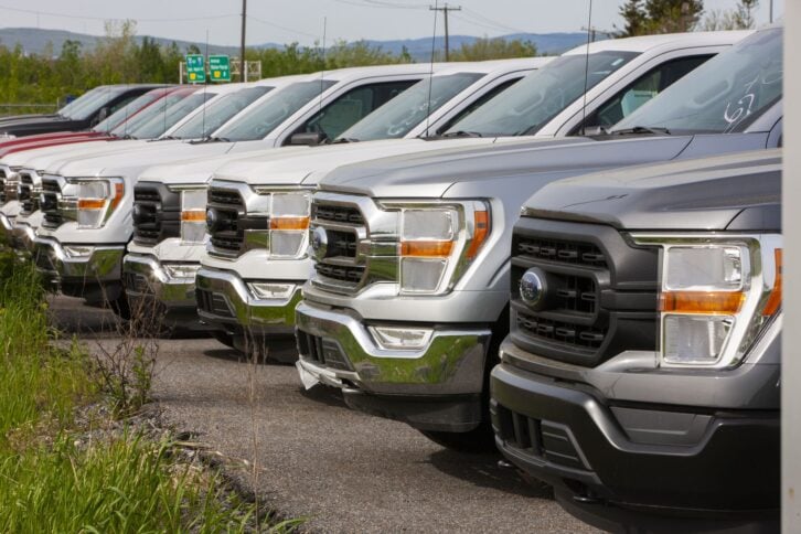 Saint Foy, Quebec, Canada - May 18, 2021:2021 Ford F-150 pickup trucks in parking lot of Ford Dealership.