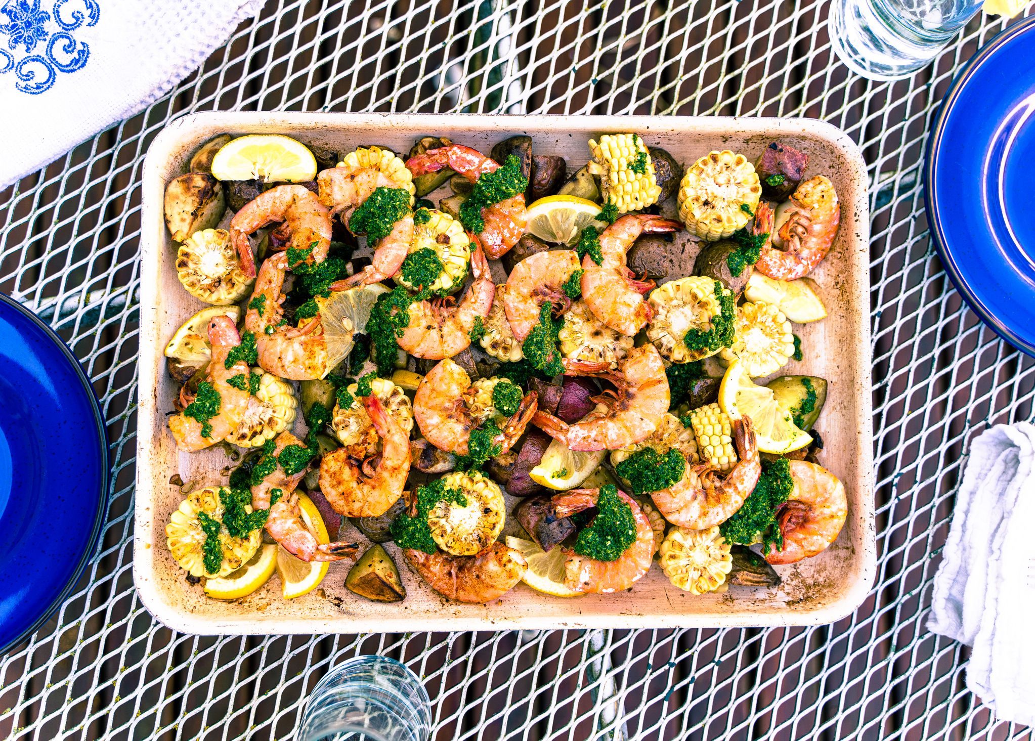 Flat lay of sheet pan shrimp boil