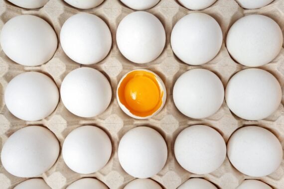 White eggs with one broken egg in carton box. Eggs background. Food concept. Flat lay, top view.