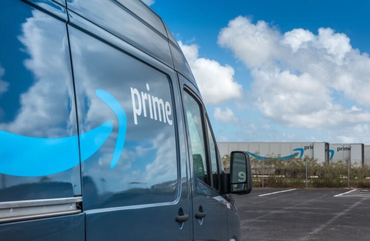 Miami, FL, USA - December 17, 2021: View of the Amazon Prime fleet parking near Miami International Airport.
