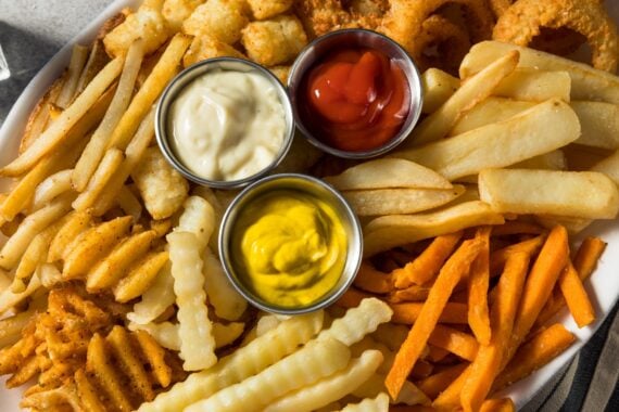 Homemade Crispy Deep Fried French Fry Platter with Dipping Sauces