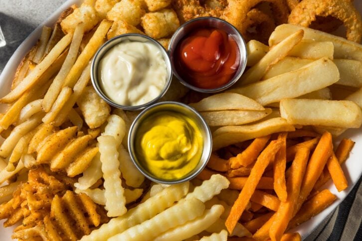 Homemade Crispy Deep Fried French Fry Platter with Dipping Sauces