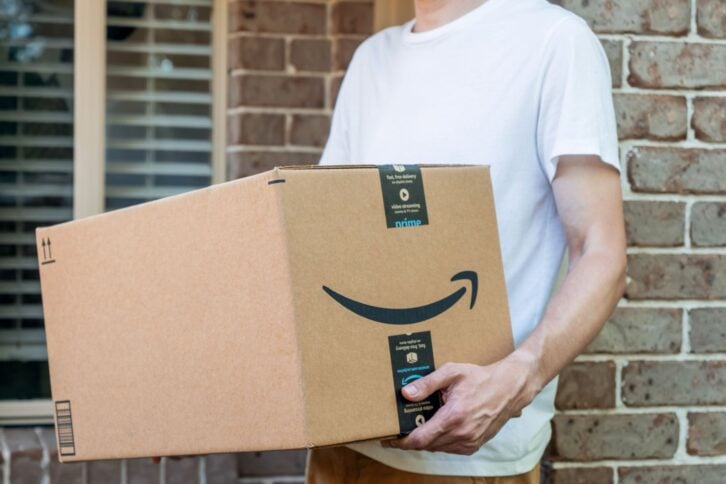 Sydney, Australia - 2022-03-12 Amazon prime big huge box delivered to a front door of residential building