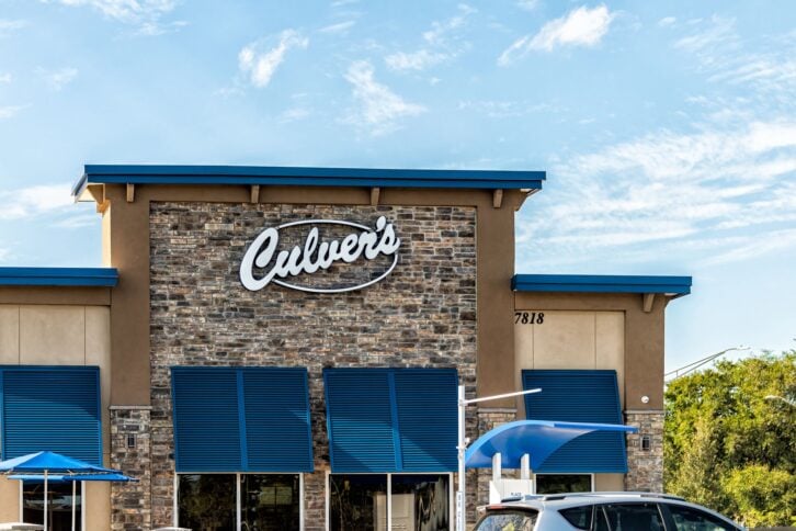 Jacksonville, USA - October 19, 2021: Sign on building for Culver's chain restaurant for casual fast food serving butter burgers and frozen custard ice cream in Florida exterior with nobody