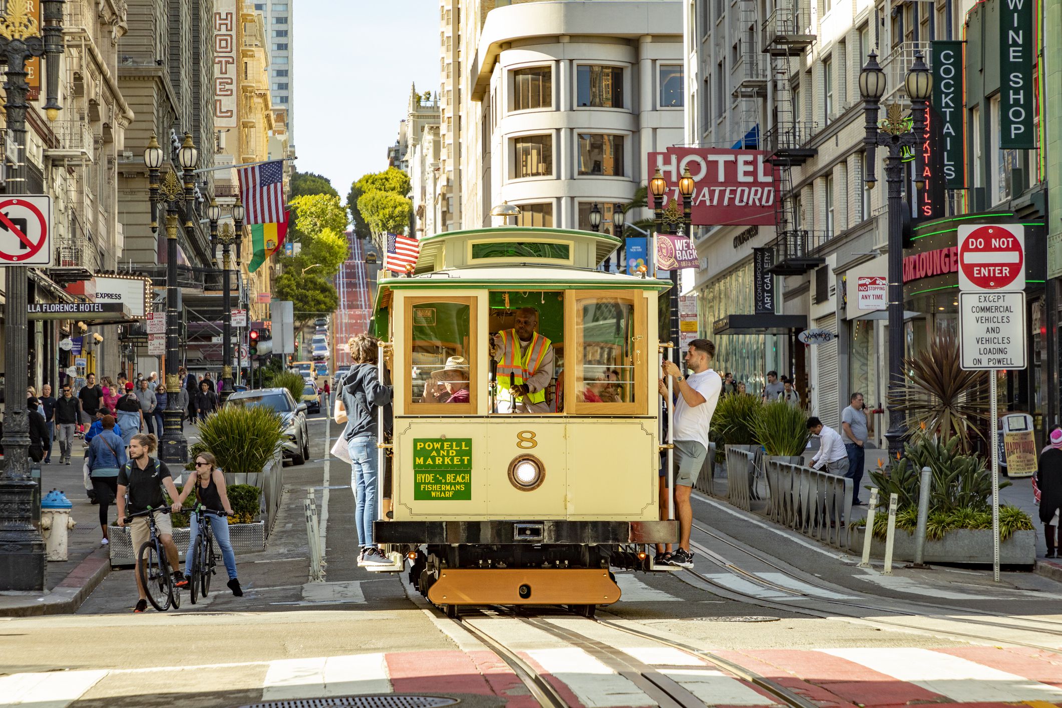 San Francisco, USA - May 20, 2022: historic Cable Car Powell Hyde Line on turntable at Powell Street terminal at Market Street in downtown San Francisco, California CA, USA.
