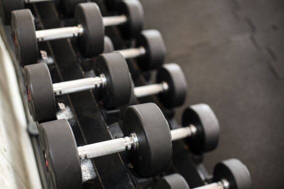 Close-up of weights in a gym.