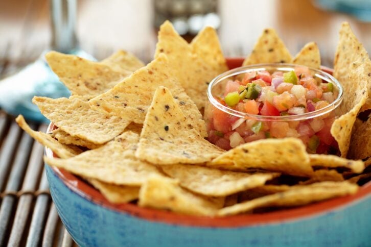 close-up of a bowl of chips and salsa