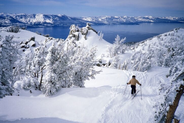 skiiers at lake tahoe