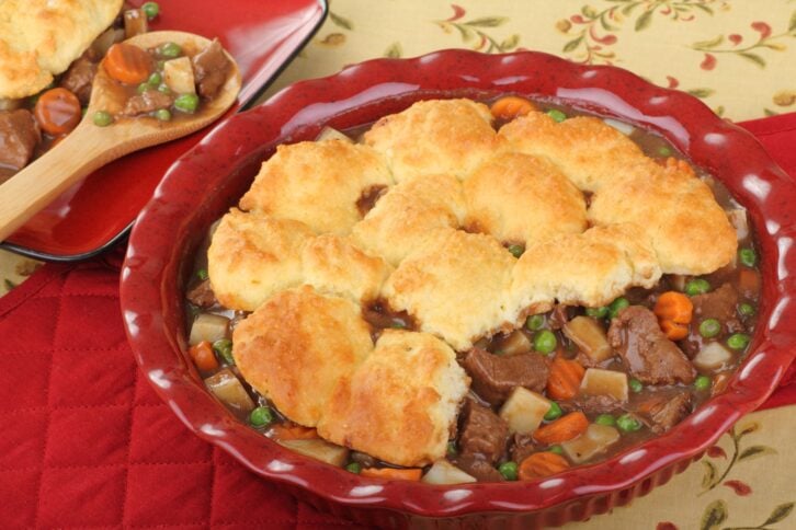 Beef and vegetable pot pie with biscuits