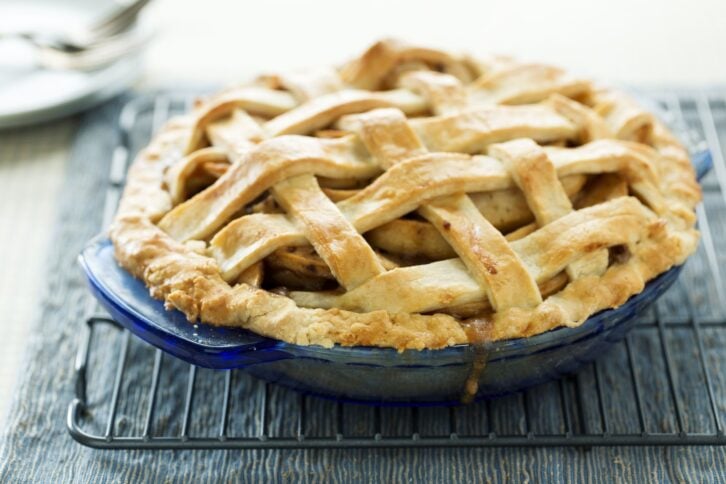 A homemade apple pie with a lattice crust.