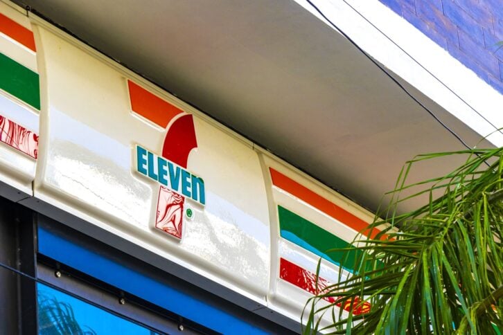 Playa del Carmen Quintana Roo Mexico 05. August 2023 7 Eleven shop store with entrance and logo brand in Playa del Carmen Quintana Roo Mexico.