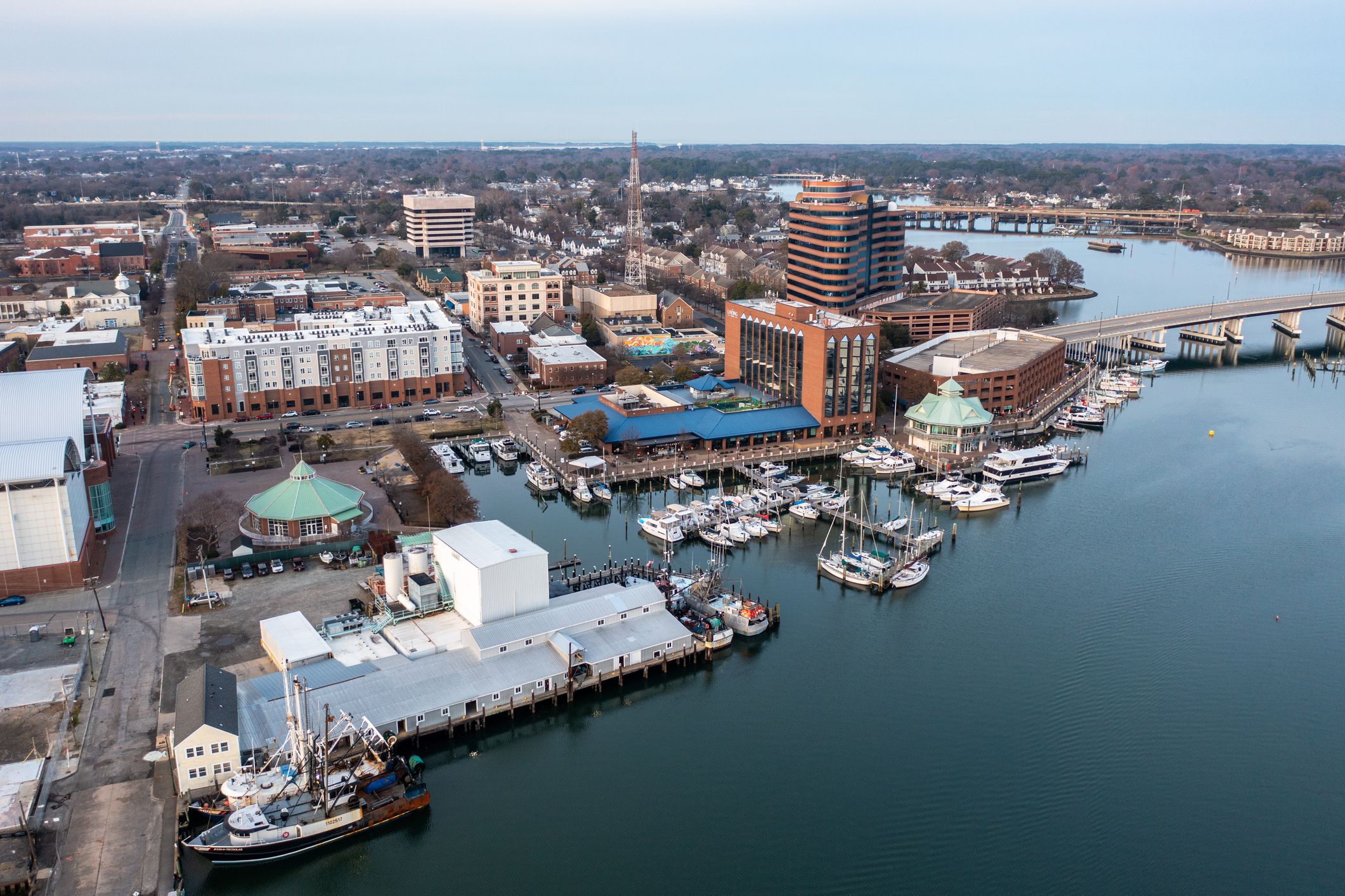 Hampton Virginia: December 16 2023: Aerial View of Downtown Hampton Along the Hampton River in Virginia