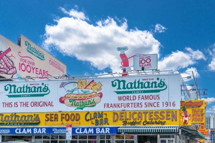 New York City, United States - May-28-2024 - Advertising for the famous Nathan's Hot Dog's in Coney Island