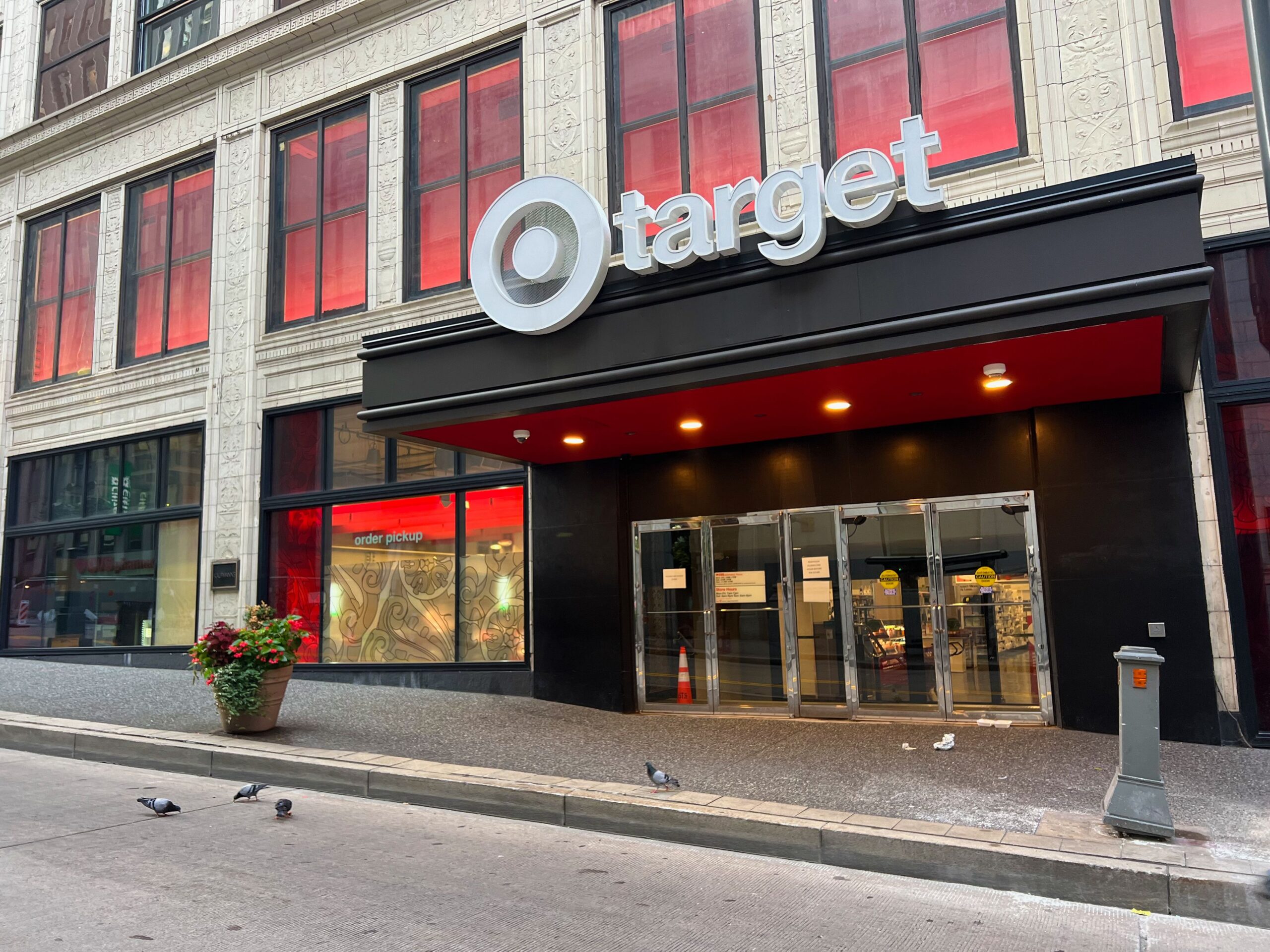 Pittsburgh, USA. July 28, 2024Target store downtown Pittsburgh. Pigeons an trash are seen. This is a small format Target an is about 1/4 of the size of a suburban Target.