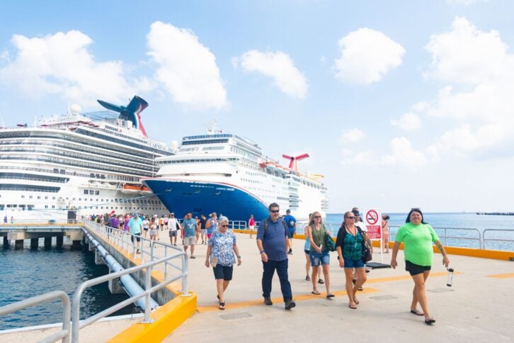 Passengers of the Carnival cruise line disembark  of the ships Jubilee and Paradise for an excursion at the Costa Maya Cruise Port, Mexico.