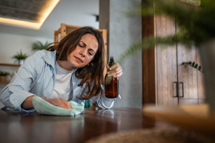 Mid adult woman using eco-friendly cleaning products for her wooden dining table, demonstrating her commitment to a clean and healthy home environment