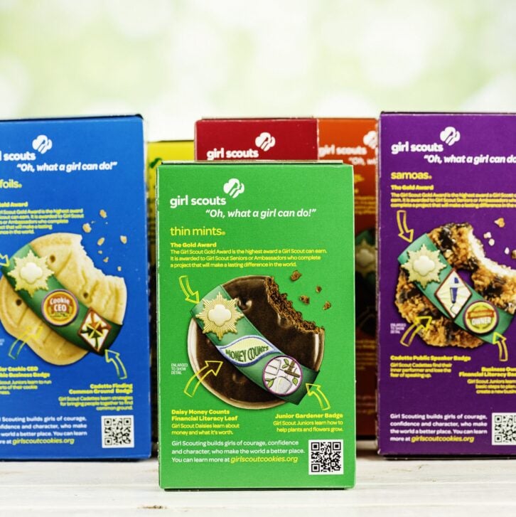 Suffolk, Virginia, USA - March 10, 2013: A square format studio shot of several boxes of different flavored Girl Scout Cookies, with focus on the variety called,