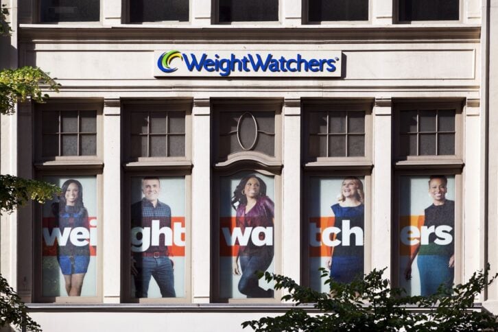 The facade of the Weight Watchers Store in Chelsea on 23rd Street. Weight Watchers International, founded in 1963 by Jean Nidetch and based in the US, is the world's leading provider of weight loss and maintenance, operating globally through a network of