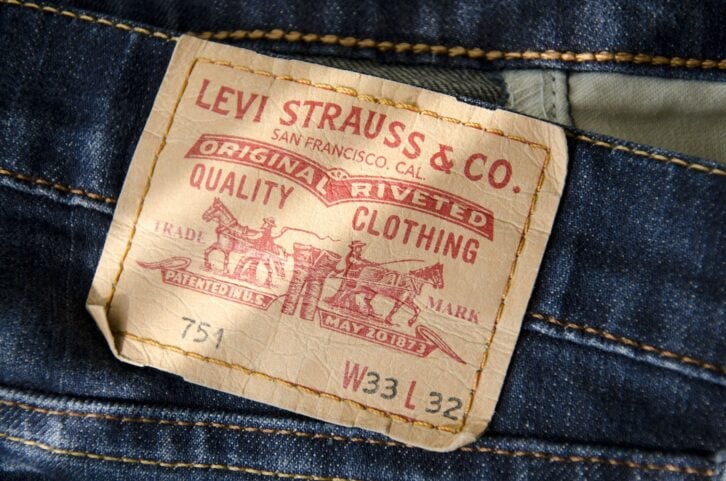 İstanbul,Turkey - November 6, 2011: Close-up of red label logo and stitching on back pocket of a pair Levi\'s Jeans.