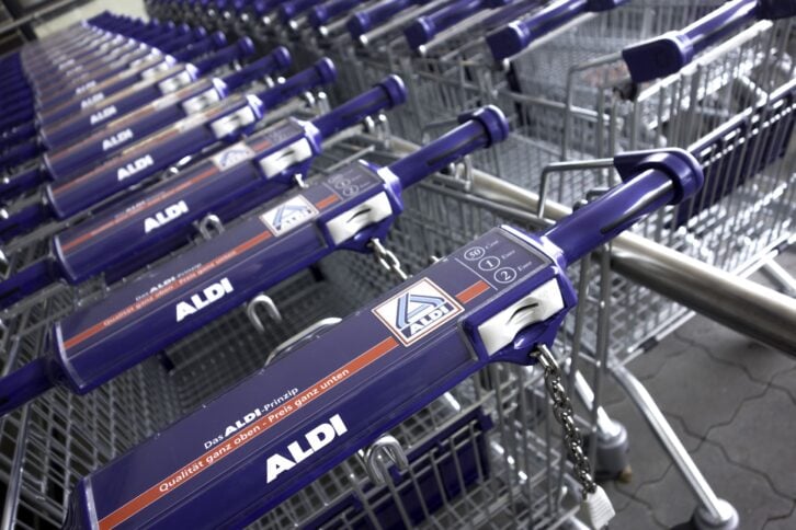 new Aldi shopping carts in a row