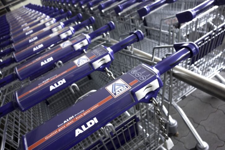 Hamburg, Germany - April 12, 2014: New Aldi Shopping Carts from a just opened new Aldi Discounter. Aldi is a German large discount chain splitted in Aldi Nord and Aldi Süd.