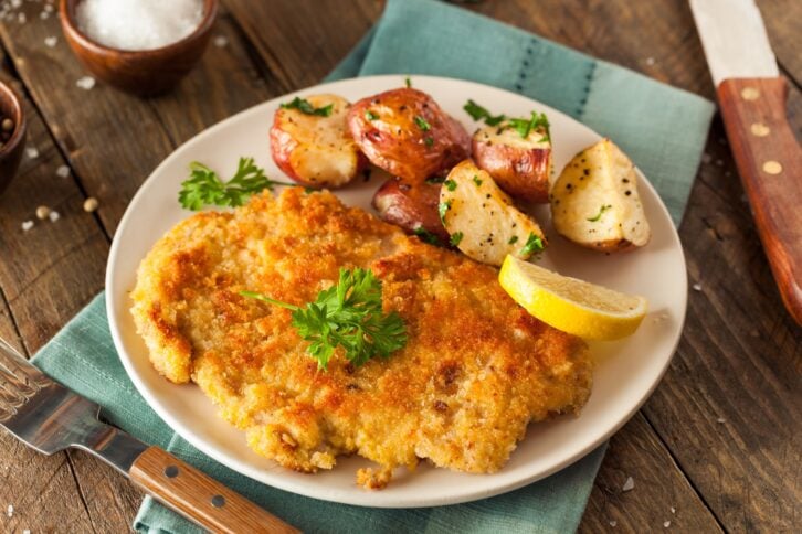 Homemade Breaded German Weiner Schnitzel with Potatoes