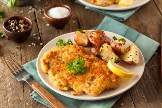 Homemade Breaded German Weiner Schnitzel with Potatoes