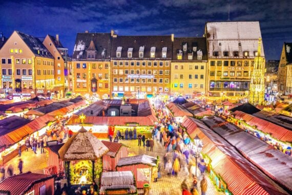 night view over the world-famous christkindlesmart nürnberg and altmarkt