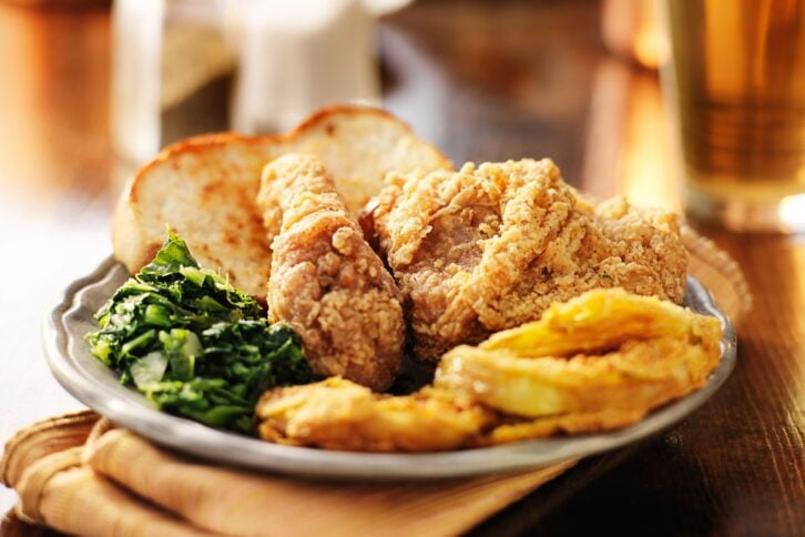 Southern soul food with fried chicken and collard greens